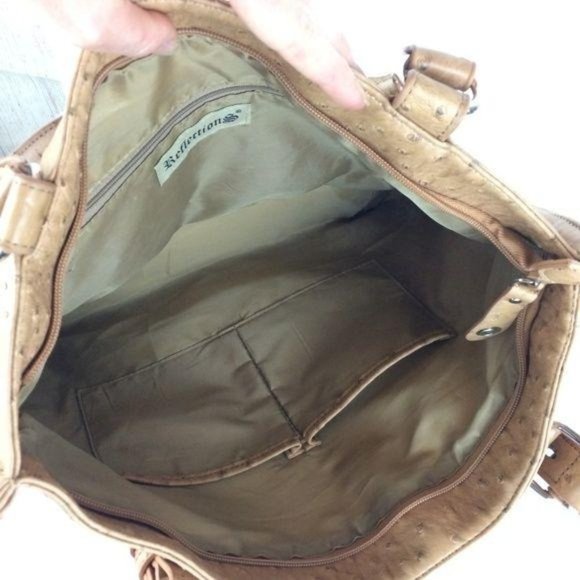 Reflections Shoulder Tote Tan Vegan Ostrich Faux Leather Purse Zipper Closure - Picture 7 of 8